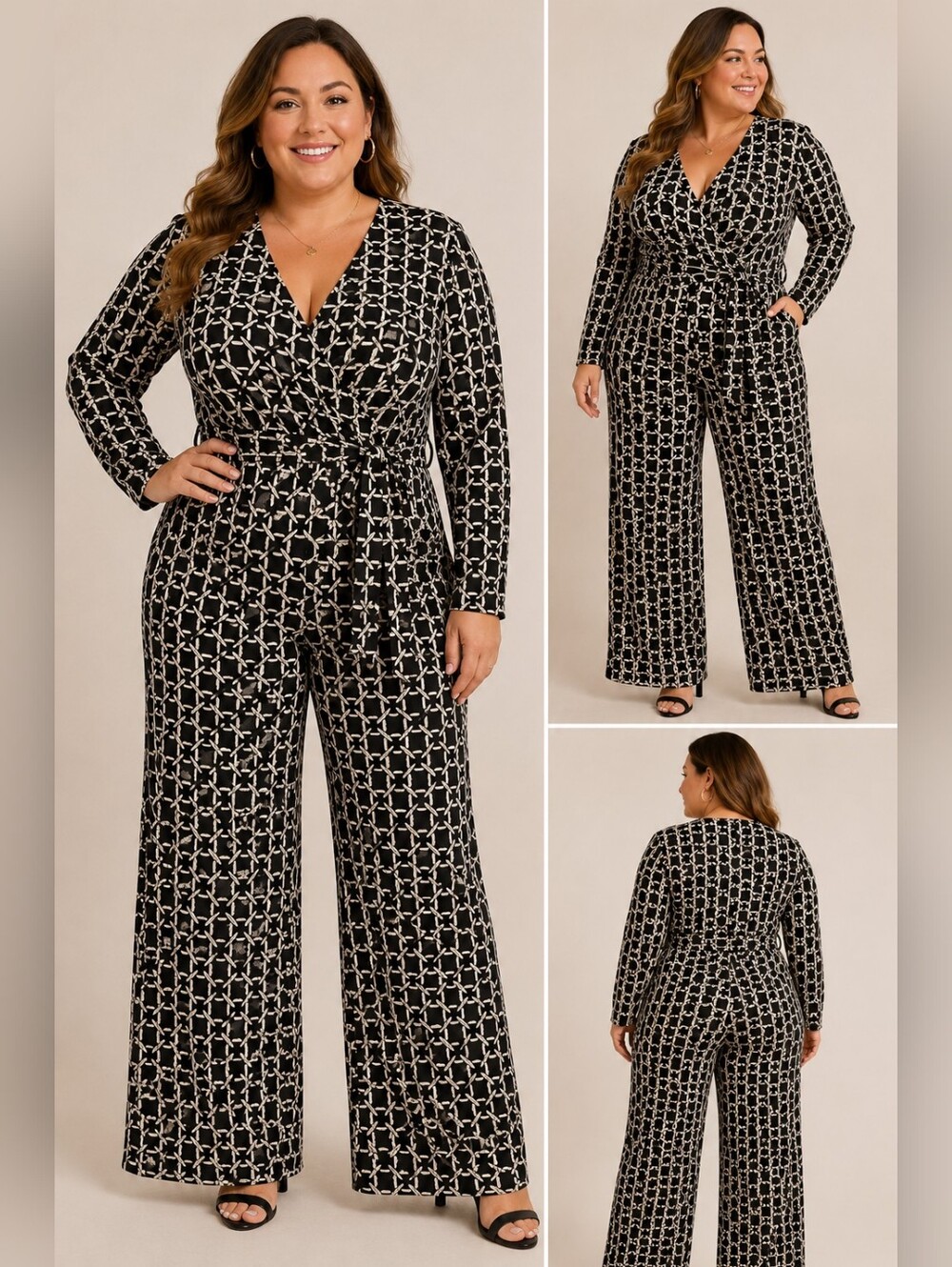 Nikki Poulos XL Black White Geometric Print Faux Wrap Jumpsuit